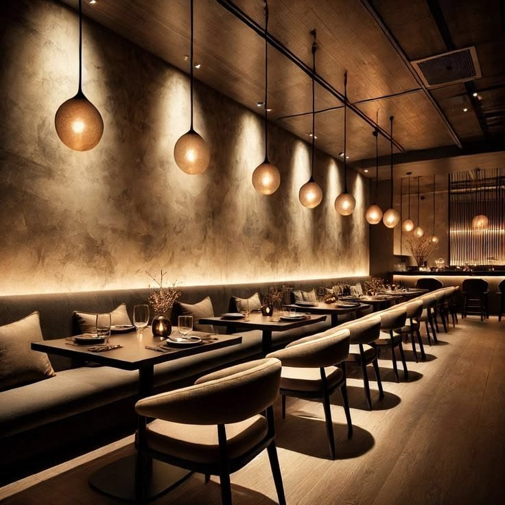 Salón con mesas e iluminación cálida